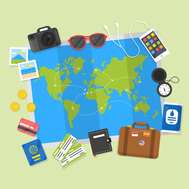 Map with travel elements in flat style Free Vector Map with travel elements in flat style Free Vector