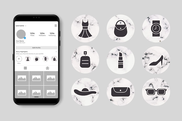 大理石のインスタグラムストーリーのハイライト プレミアムベクター