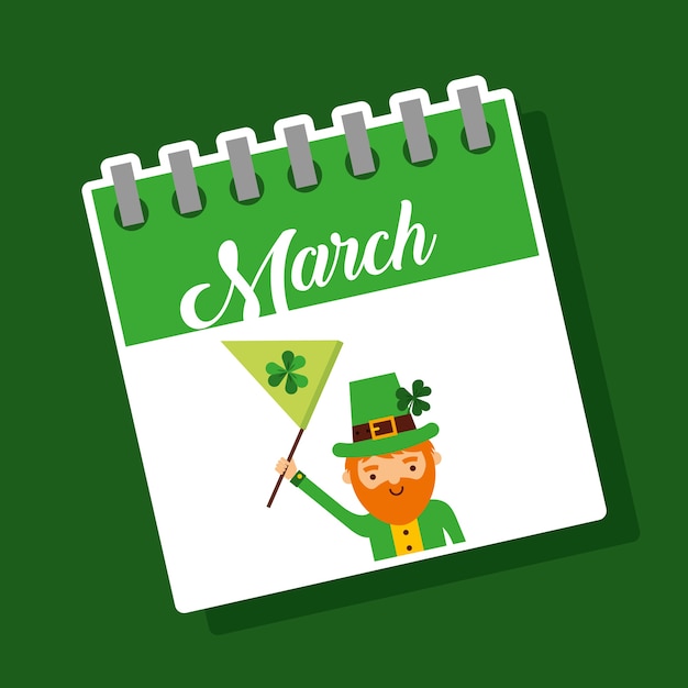 Premium Vector March calendar leprechaun with flag st patricks party