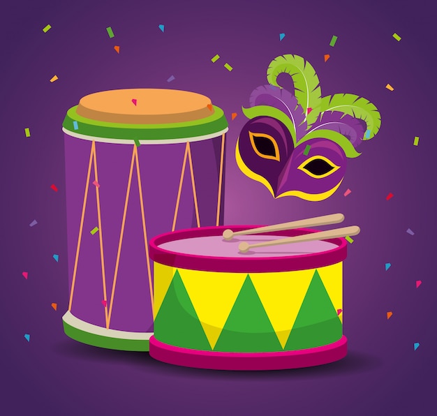 Mardi gras celebration with party mask and drum Free Vector