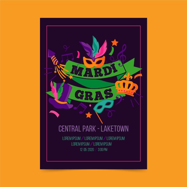 Free Vector | Mardi gras event with masks and ribbons flyer template