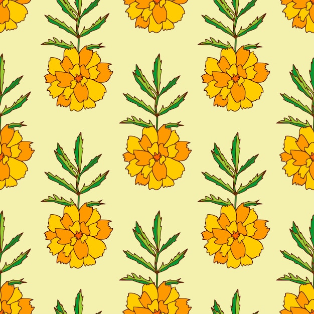 マリーゴールドのシームレスパターン 花柄はオレンジ色のマリーゴールドの花で印刷されています プレミアムベクター