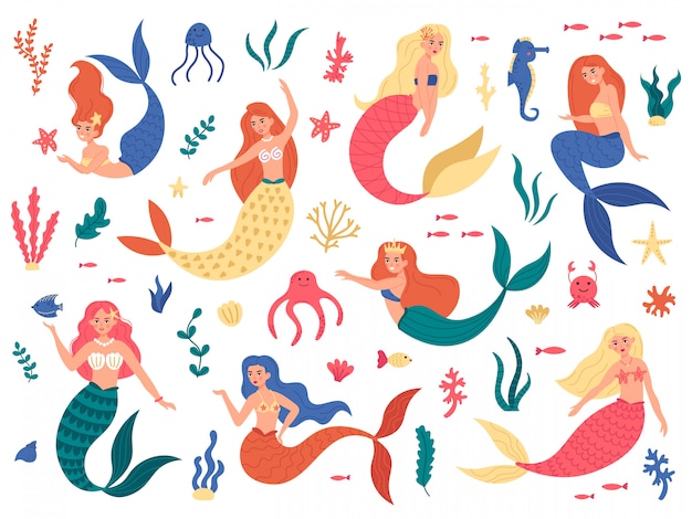 海の人魚 かわいい人魚姫 海の海洋要素を持つ妖精人魚の女の子 手描きの魔法の水中世界イラストセット タツノオトシゴの水泳 タコ 色の人魚 プレミアムベクター