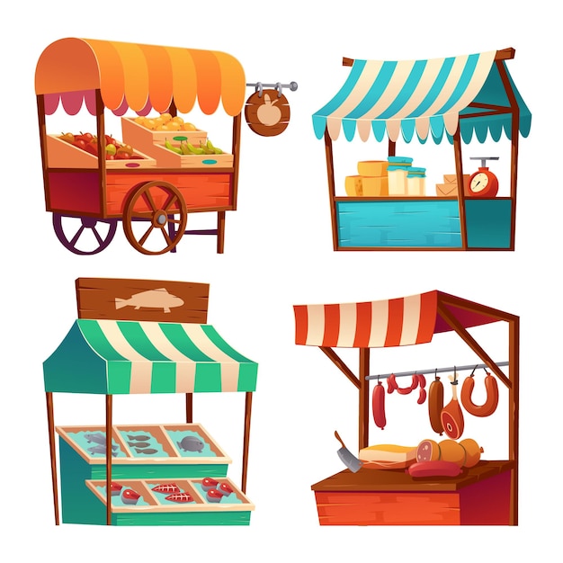 Free Vector Market stalls, fair booths, wooden kiosk with striped