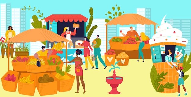 Premium Vector | Market stalls with farmers selling vegetables and fruits,  street food festival flat illustration. people sell food from kiosks, shops.