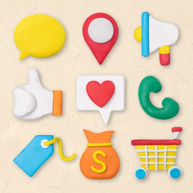 Download Free Vector | Marketing business icon vector creative colorful clay kids graphic set