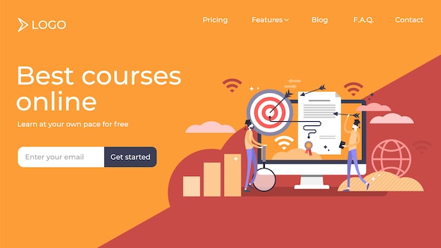 Marketing diploma flat tiny persons vector illustration landing page template design Premium Vector