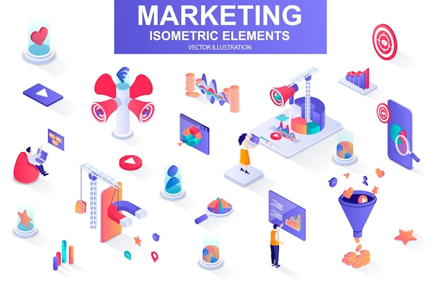  Marketing strategy bundle of isometric elements  illustration