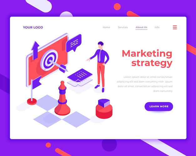 Marketing strategy teamwork people and interact with site isometric vector illustration Premium Vector
