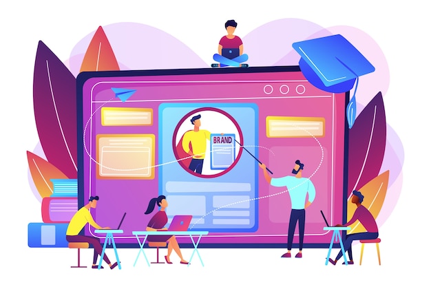 Marketing students create corporate identity. personal branding course, strategic self-marketing education, personal branding online courses concept. Free Vector