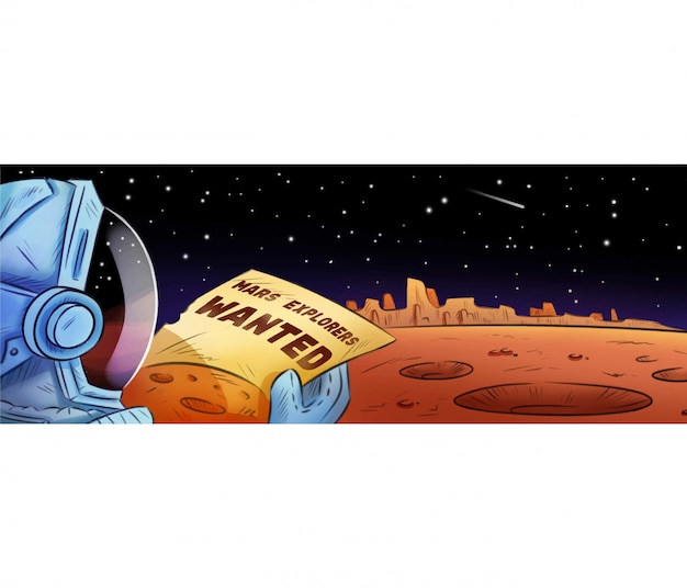 Mars explorers wanted hand drawn cartoon banner Premium Vector