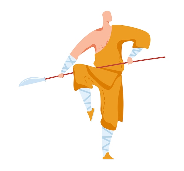 格闘技 攻撃ポーズ 伝統的な日本の戦闘機 オリエンタルスポーツ スタイル漫画イラスト 白で隔離 黄色いきもんを着て 鋭い剣を棒に乗せて1回の戦闘を練習します プレミアムベクター