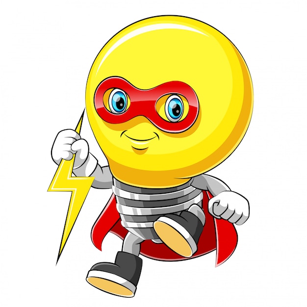 赤いマントのマスコット漫画キャラクター陽気な電球スーパーヒーロー プレミアムベクター