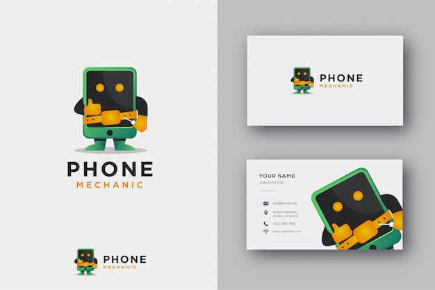 Mascot Logo Of Phone Mechanic And Business Card Premium Vector