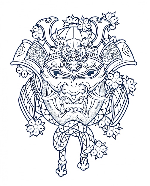 Mask of evil japanese samurai in colors Vector | Premium Download