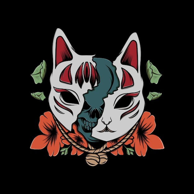 Premium Vector | Mask kitsune illustration with flower colorrful