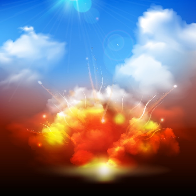 Massive yellow orange explosion bursting into blue cloudy sky with radiating sun rays Free Vector