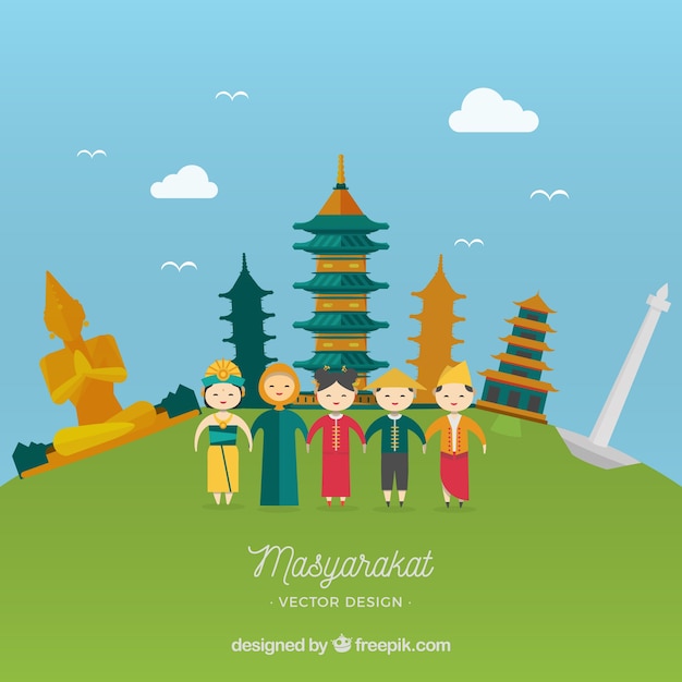 Masyarakat Indonesia in cartoon style Vector Free Download