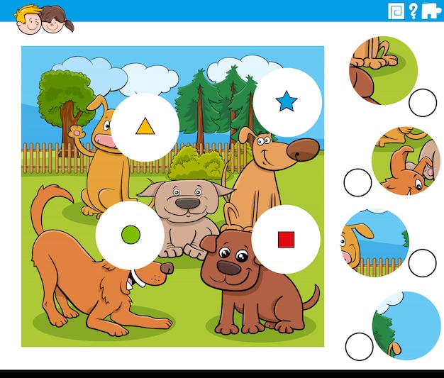 犬のキャラクターとピースのパズルを一致させる プレミアムベクター