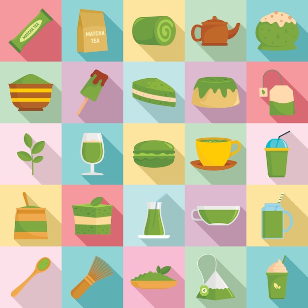 Matcha tea icons set, flat style | Premium Vector