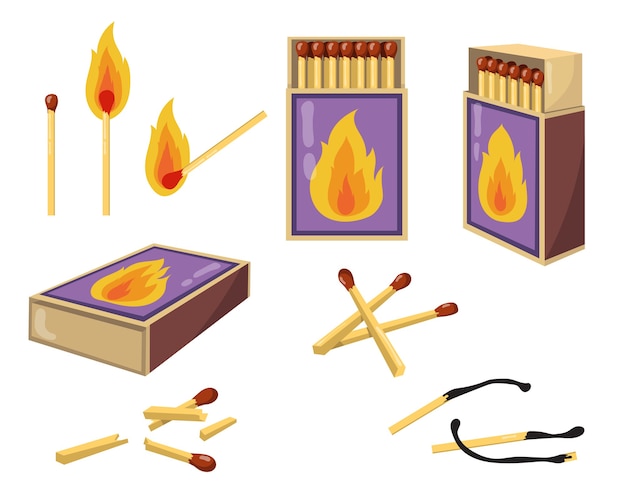 マッチとマッチ箱フラットイラストセット 火と開いた箱のある漫画の焦げたマッチ棒は 孤立したベクトルイラストコレクションと一致します 熱とデザインコンセプト 無料のベクター