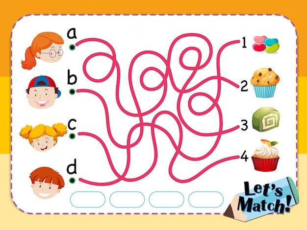 Matching game template with kids and desserts Free Vector