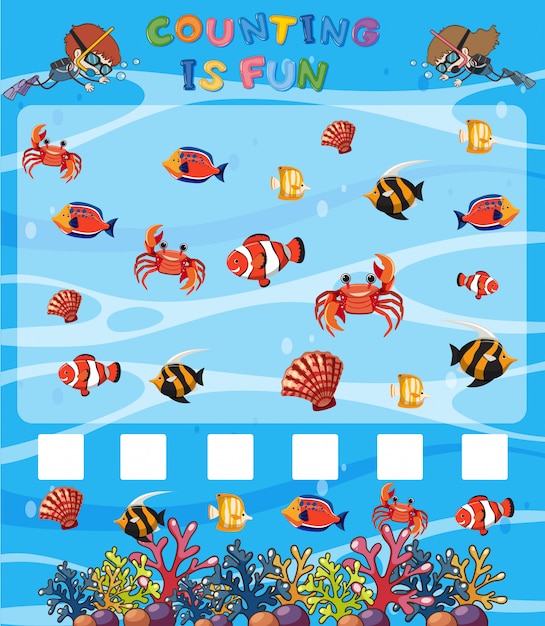 Premium Vector | Math counting game underwater template