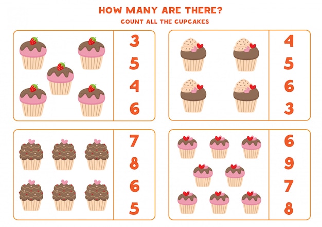 プレミアムベクター カップケーキと数学のゲーム 正しい答えを数えて 丸で囲んでください