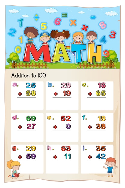 Math worksheet design for addition to 100 premium vector