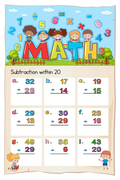 Math worksheet template for subtraction within twenty Free Vector
