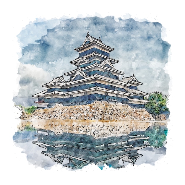 松本城日本水彩スケッチ手描きイラスト プレミアムベクター