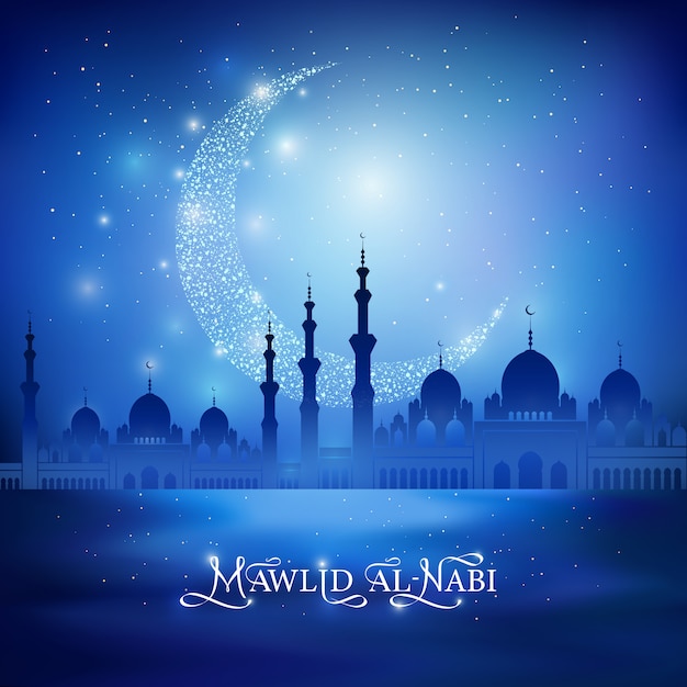 Mawlid al nabi - celebration of the birthday of the prophet muhammad. calligraphy drawing congratulation text and shine crescent moon, mosque silhouette on a night blue background. vector illustration Premium Vector