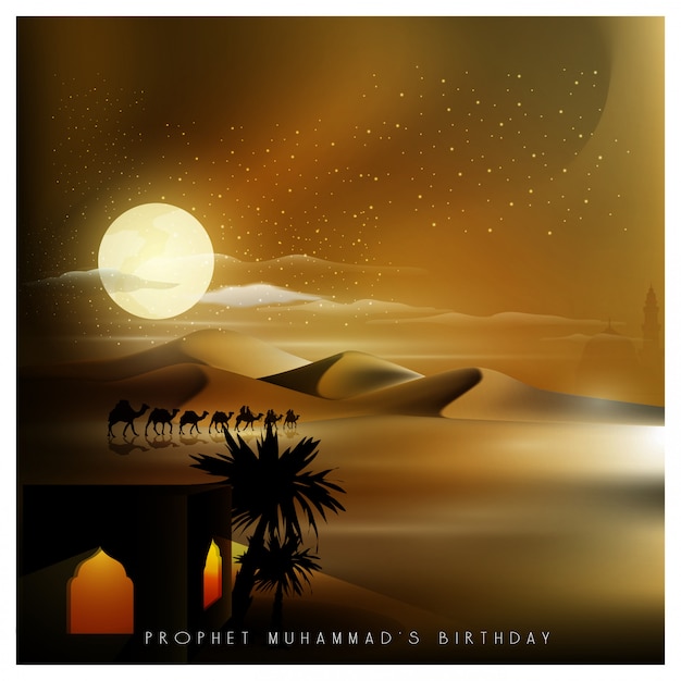 Mawlid al nabi greeting islamic  with arabian traveller on camel in the night Premium Vector