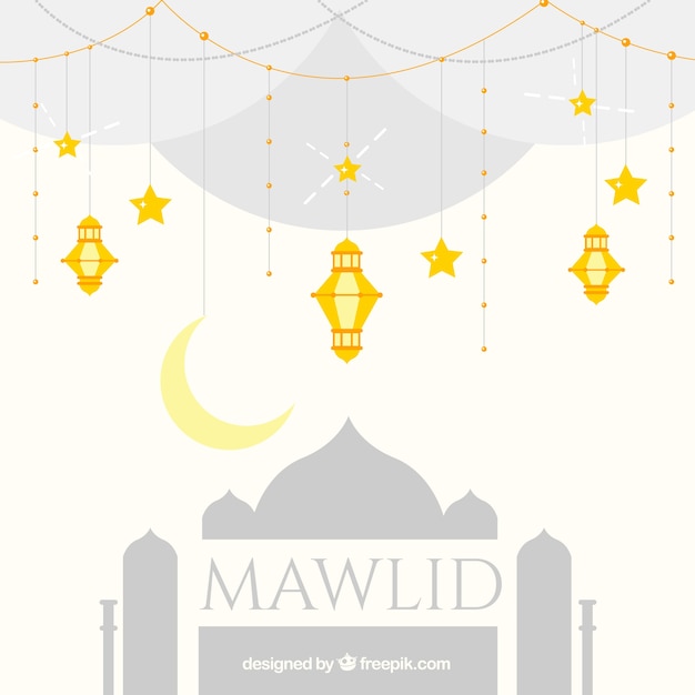 Mawlid background with mosque and golden lanterns Free Vector