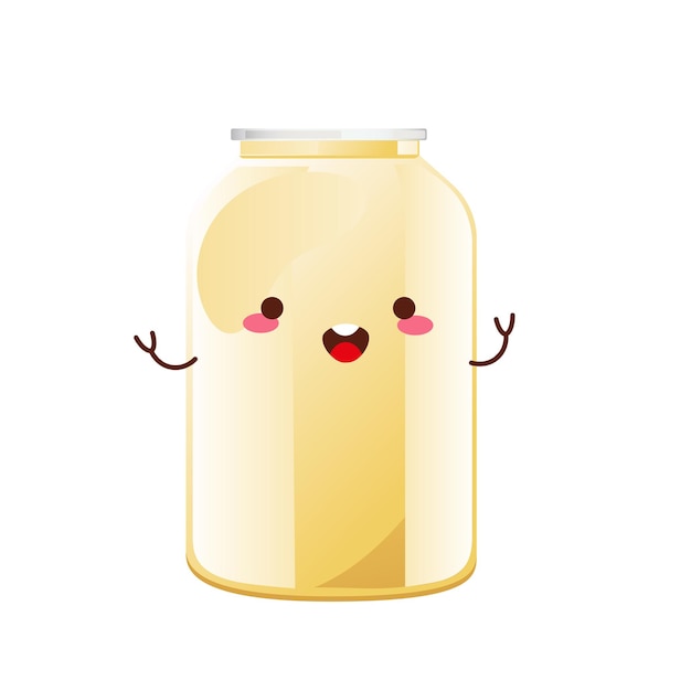 ガラス瓶にマヨネーズのかわいいキャラクター ホワイトソースの瓶 漫画風の調味料容器 ベクトルイラスト プレミアムベクター