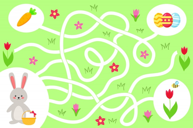 就学前の子供のための迷路ゲーム かわいいバニーがイースターエッグへの正しい道を見つけるのを手伝ってください 春の花とニンジン ベクトルイラスト プレミアムベクター
