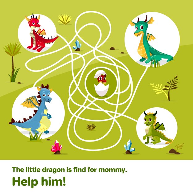 Maze labyrinth children game. Cartoon dragons, help find way to egg Free Vector Maze labyrinth children game. Cartoon dragons, help find way to egg Free Vector