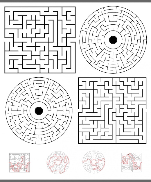 Maze leisure game set with solutions Premium Vector