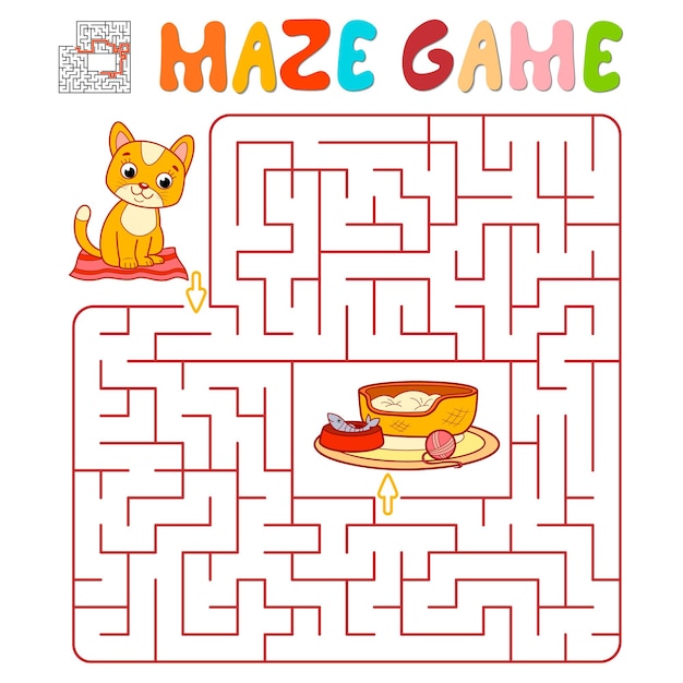 子供のための迷路パズルゲーム 猫との迷路または迷路ゲーム ベクトルイラスト プレミアムベクター