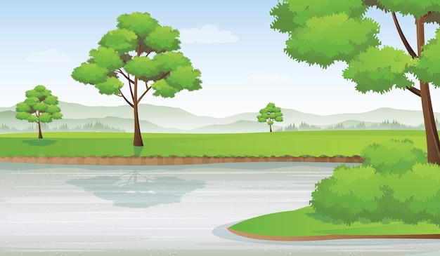 Premium Vector | Meadow and river illustration