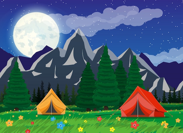 Premium Vector | Meadow with grass and camping.