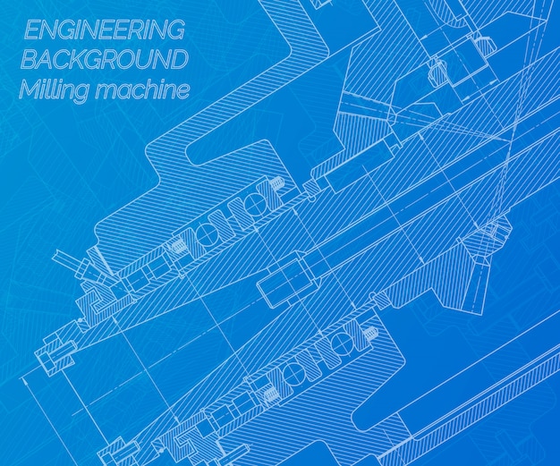 Mechanical engineering drawings on blue background. milling machine spindle. technical design. Premium Vector