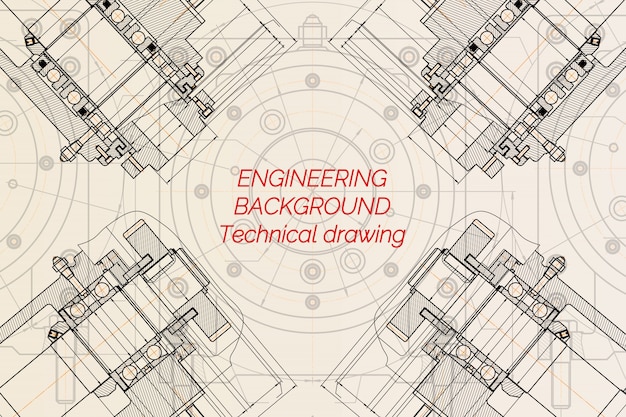 明るい背景上の機械工学図面 フライス盤主軸テクニカルデザイン青写真 ベクトルイラスト プレミアムベクター