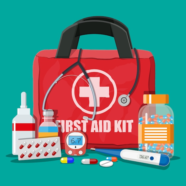 Premium Vector | Medical first aid kit with pills and devices