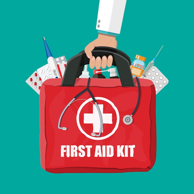 Premium Vector | Medical first aid kit with pills and thermometer