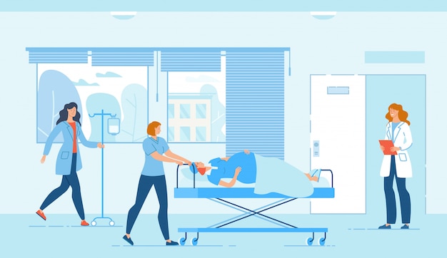 Premium Vector | Medical staff and pregnant woman on moving bed