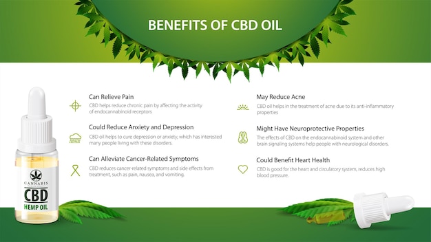 Premium Vector Medical Uses For Cbd Oil Benefits Of Use Cbd Oil Green And White Banner With Glass Bottle Of Cbd Oil Hemp Leaf And Pipette