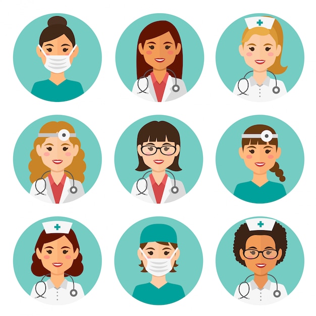 Premium Vector | Medicine flat female avatars set with doctors and nurses