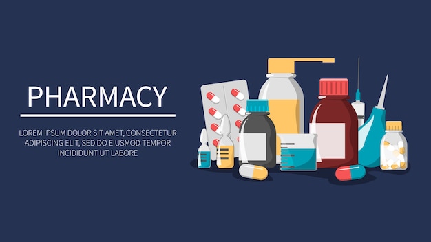 Premium Vector | Medicine set. pharmacy web banner. drug bottle, pill ...