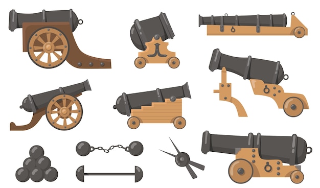 無料のベクター 中世の大砲と砲弾フラットイラストセット 古い船と発砲の戦いの孤立したベクトルイラスト コレクションのための漫画の金属と木製の武器 歴史 破壊 戦争の概念